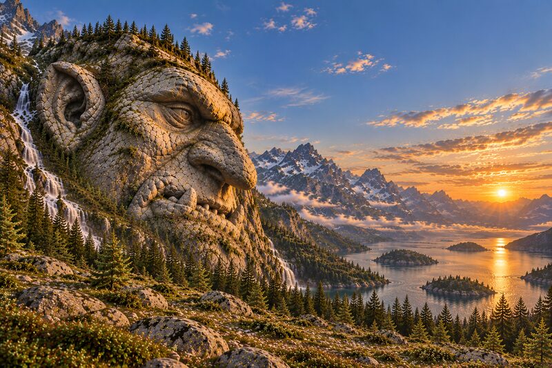 Ein Berghang, dessen Fels das Gesicht eines schlafenden Trolls bildet, dahinter ein Fjord im Sonnenuntergang